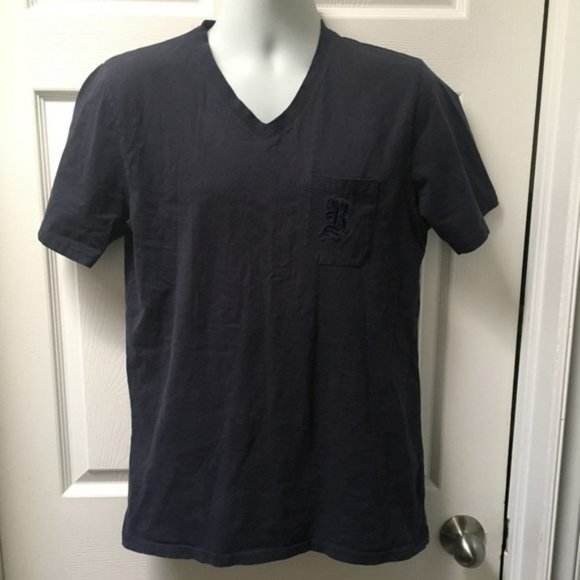 ROCHAS Paris Navy Blue V-neck Embroidered Pocket Short Sleeve Shirt - Picture 2 of 8